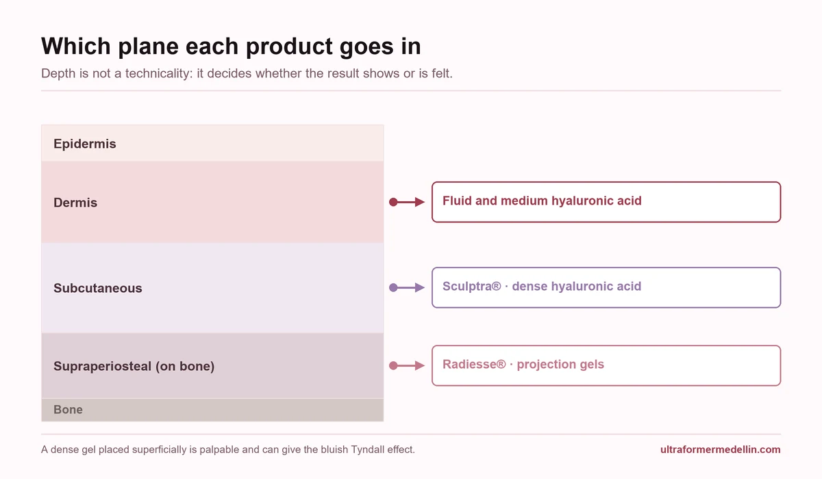 Diagram of skin layers showing the depth at which each filler type is placed: hyaluronic acid in the dermis, Sculptra subcutaneously and Radiesse in the deep plane