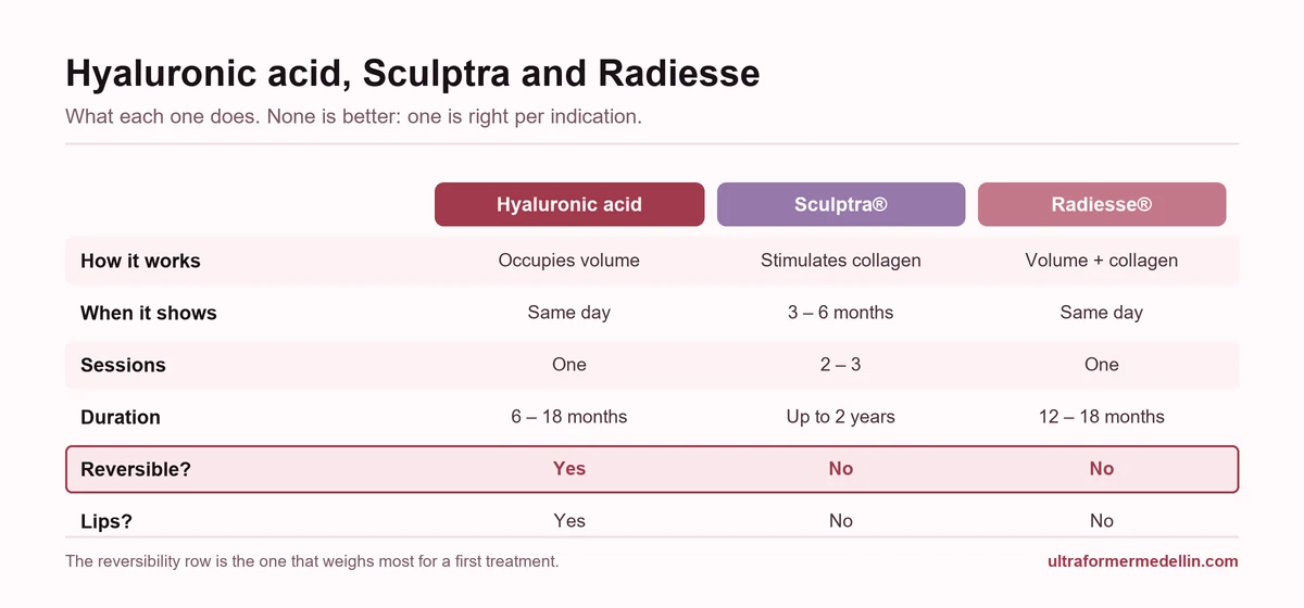 Comparison table of hyaluronic acid, Sculptra and Radiesse: mechanism, when the result shows, duration and reversibility