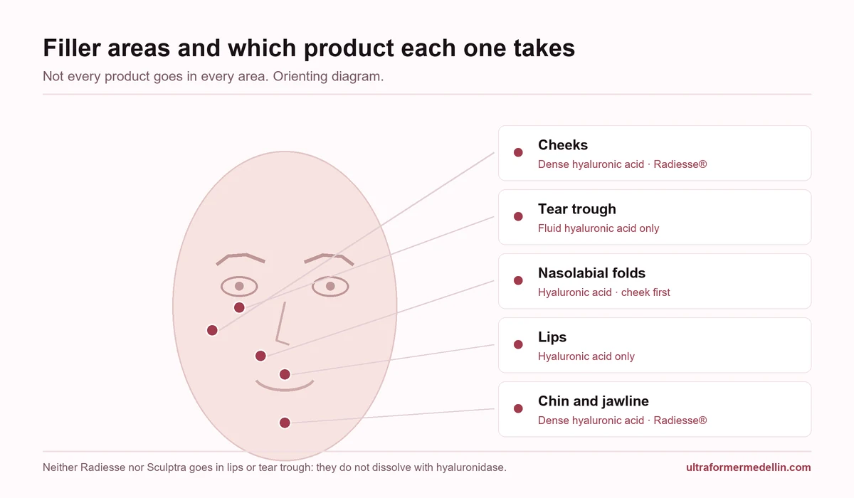 Facial map of the areas where filler is applied: lips, tear trough, cheeks, nasolabial folds, chin and jawline